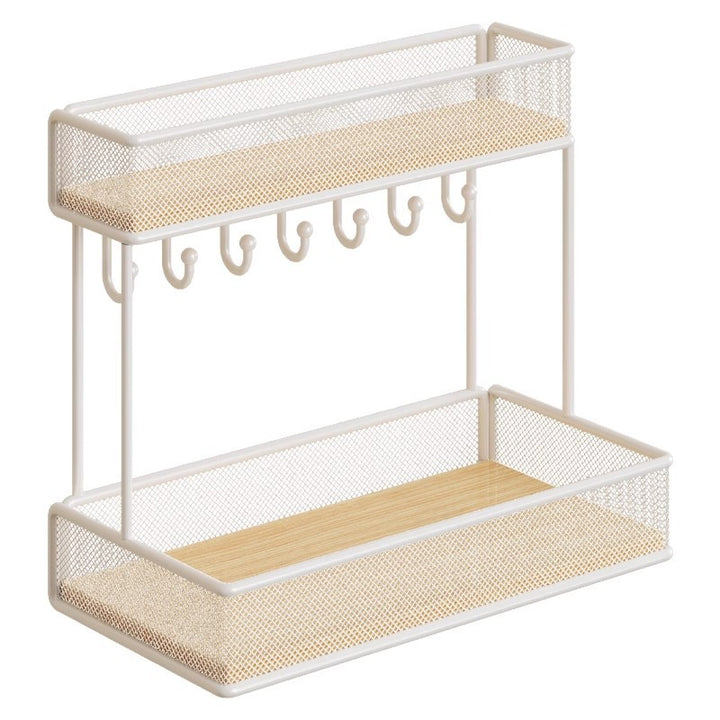 Double-Tier Metal Mesh Entryway Organizer Shelf with Key Hooks and Removable Baskets