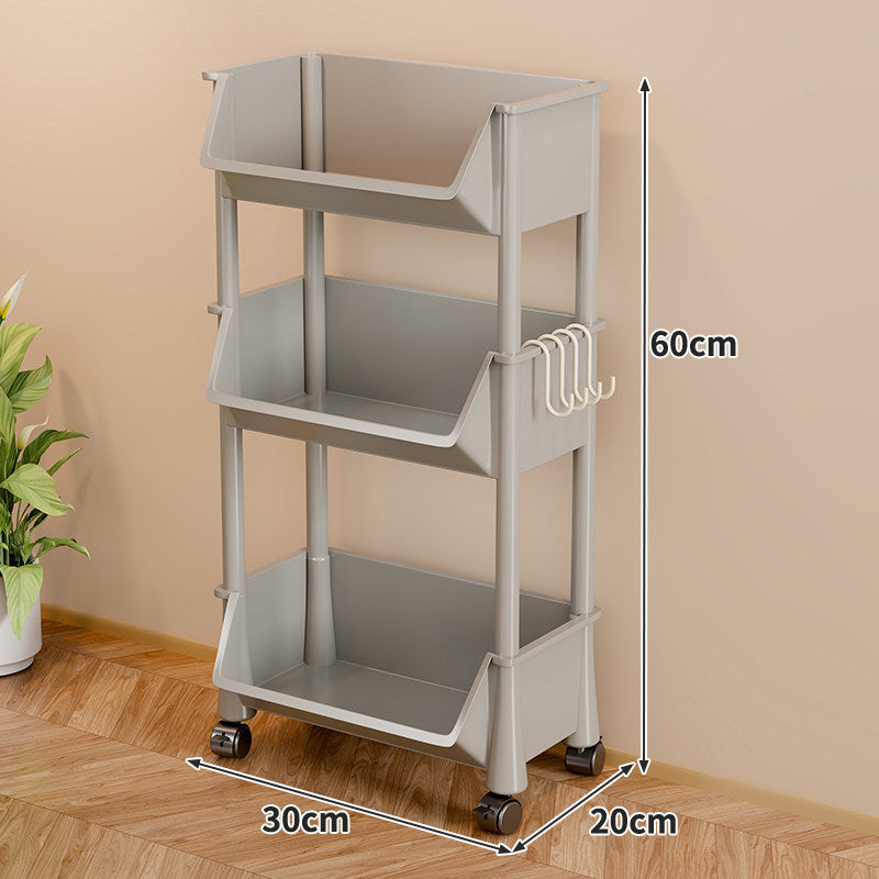 Slim Multi-Tier Rolling Plastic Storage Cart with Deep Tilt Bins and Side Hooks