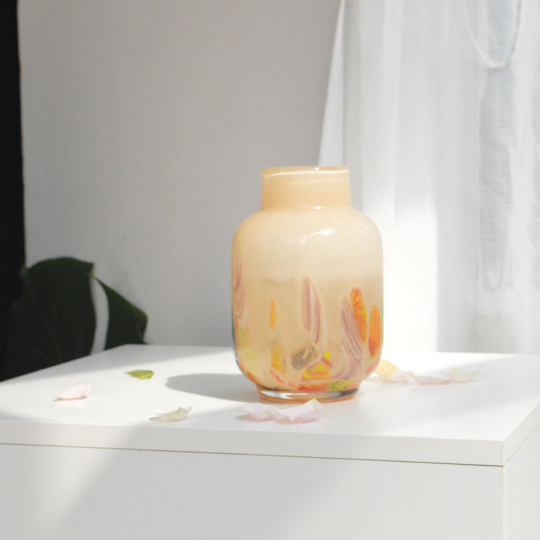 Hand-Blown Narrow-Mouth Decorative Vase with Marbled Inclusions