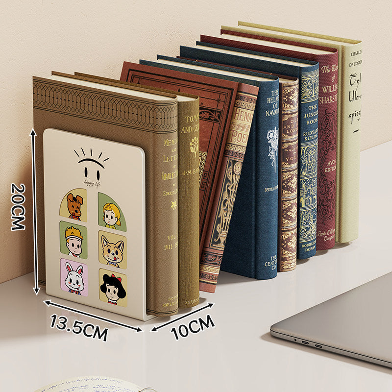 Cute Cartoon Desktop Metal Bookend with Anti-Slip Base and Decorative Panel