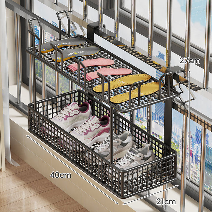 Hanging Balcony Two-Tier Shoe and Insole Organizer Rack with Mesh Baskets and Adjustable Hooks