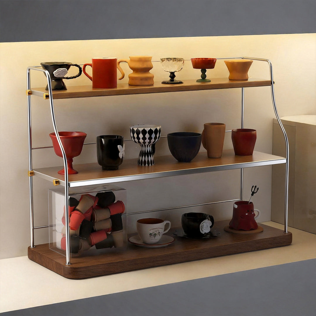 Multi-Tier Mesh Metal and Bamboo Countertop Pantry Organizer Shelf