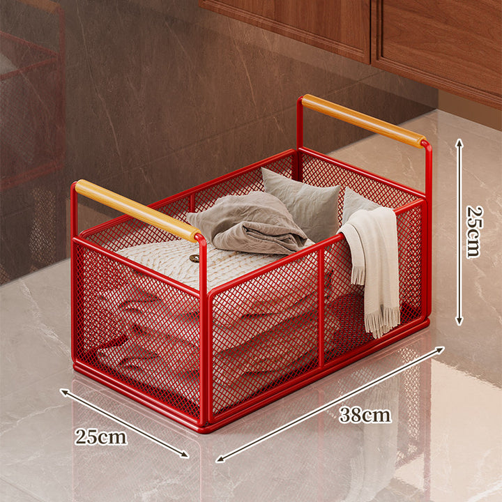 Low-Profile Metal Mesh Storage Crate with Dual Wood-Accent Handles for Blankets and Towels