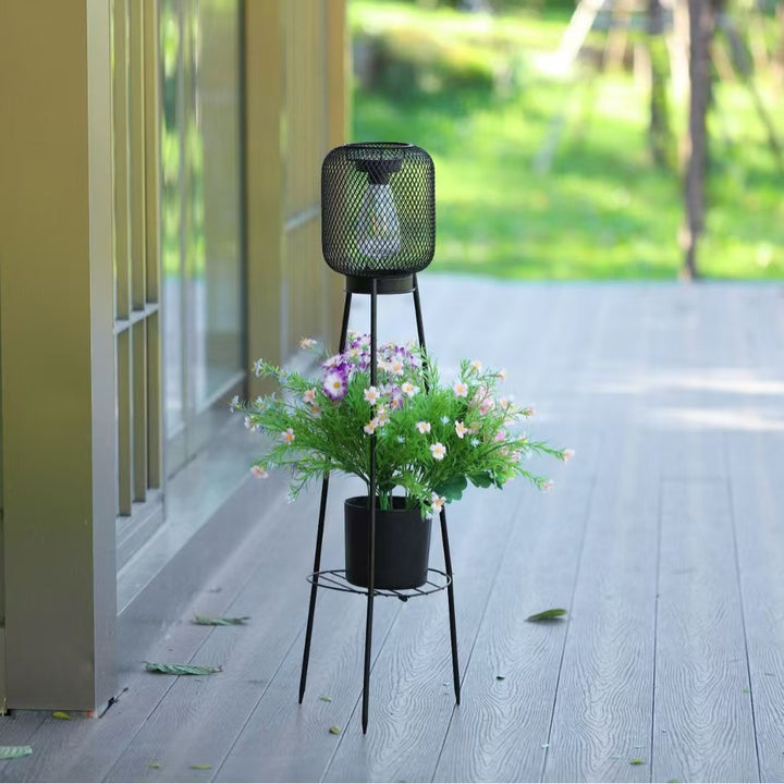 Outdoor Solar Lantern Planter Stand with Net Shade and Three Leg Base