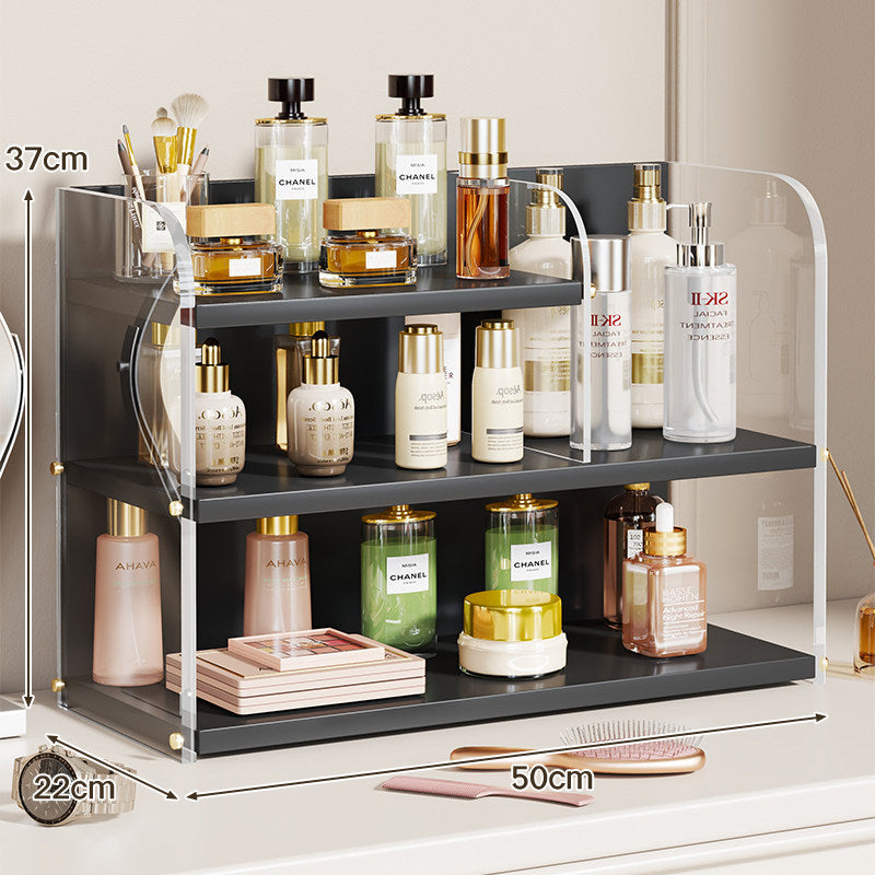 Two-Tier Countertop Beauty and Skincare Organizer with Adjustable Middle Shelf and Vertical Wire Panels
