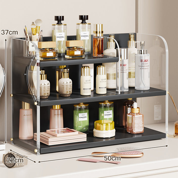 Two-Tier Countertop Beauty and Skincare Organizer with Adjustable Middle Shelf and Vertical Wire Panels