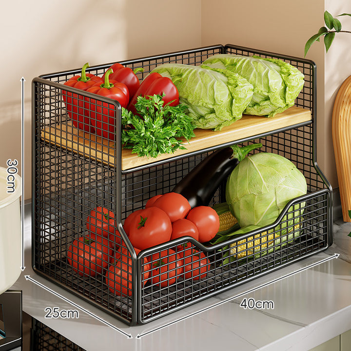 Three-Tier Countertop Metal Mesh Produce and Pantry Organizer with Wooden Top
