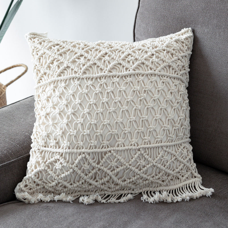 Round Macrame Decorative Pillow with Hand-Knotted Cotton Cover and Fringes