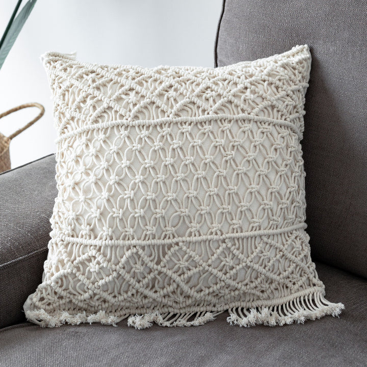 Round Macrame Decorative Pillow with Hand-Knotted Cotton Cover and Fringes