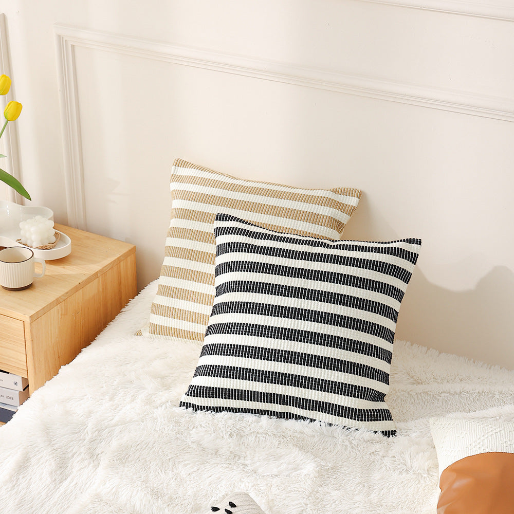 Woven decorative cushion cover with horizontal stripe pattern and concealed zipper