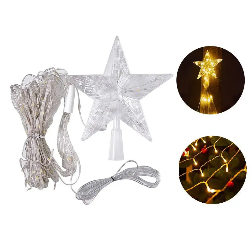 LED-lit pre-installed artificial Christmas tree with cascading star topper and ornament-ready branches