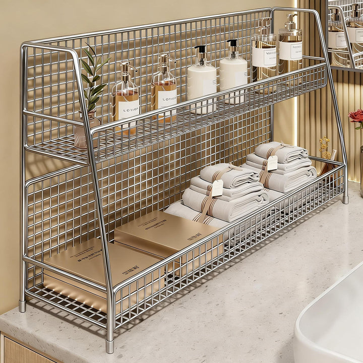 Multi-Tier Wire Grid Countertop Organizer with Angled Frame and Ventilated Mesh Shelves
