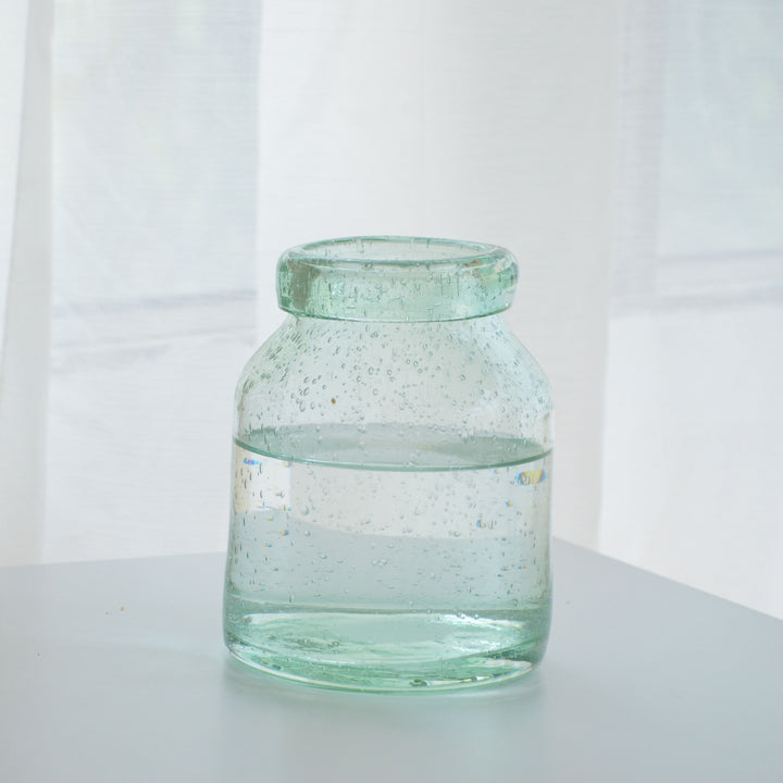 Hand-Blown Tall Flared-Wave Rim Sculptural Glass Vase on Stacked Orb Pedestal
