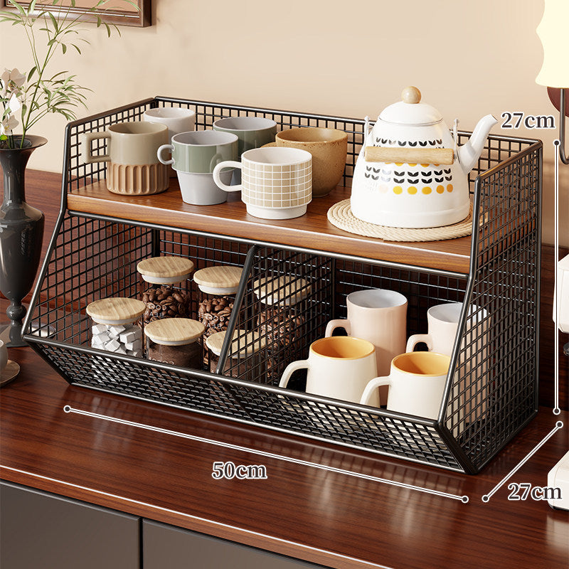 Two-Level Angled Wire Mesh Countertop Organizer with Wood-Effect Top Shelf and Front Drop Bins