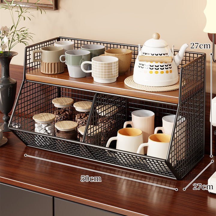 Two-Level Angled Wire Mesh Countertop Organizer with Wood-Effect Top Shelf and Front Drop Bins