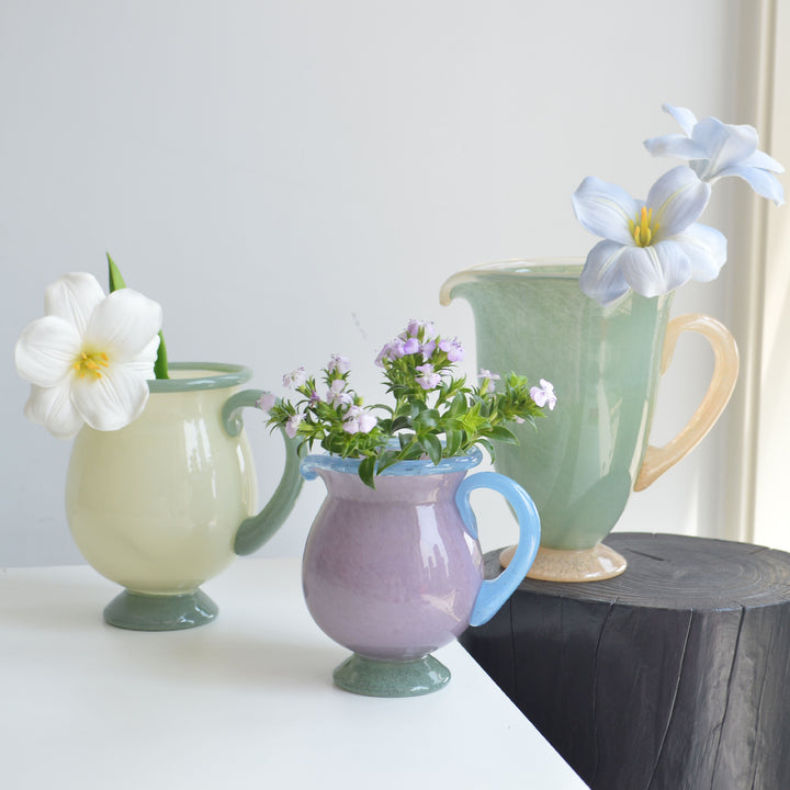 Handblown Confetti Glass Water Pitcher with Curved Handle
