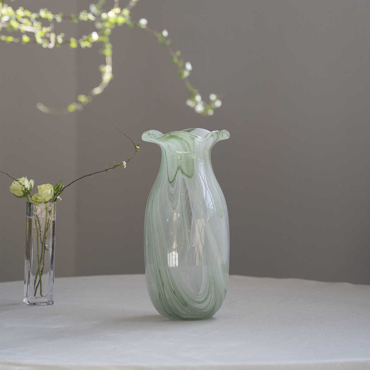 Hand-Blown Marbled Swirl Glass Ruffled-Rim Decorative Vase