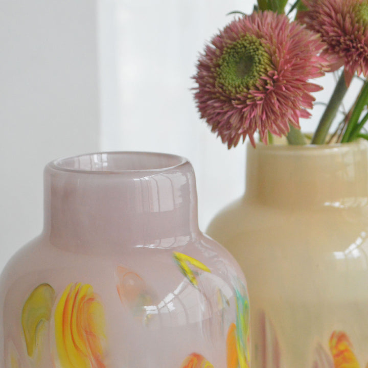 Hand-Blown Narrow-Mouth Decorative Vase with Marbled Inclusions