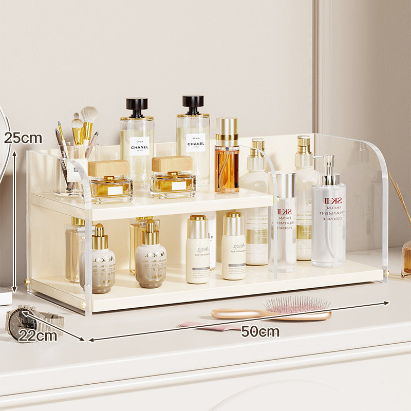 Two-Tier Countertop Beauty and Skincare Organizer with Adjustable Middle Shelf and Vertical Wire Panels