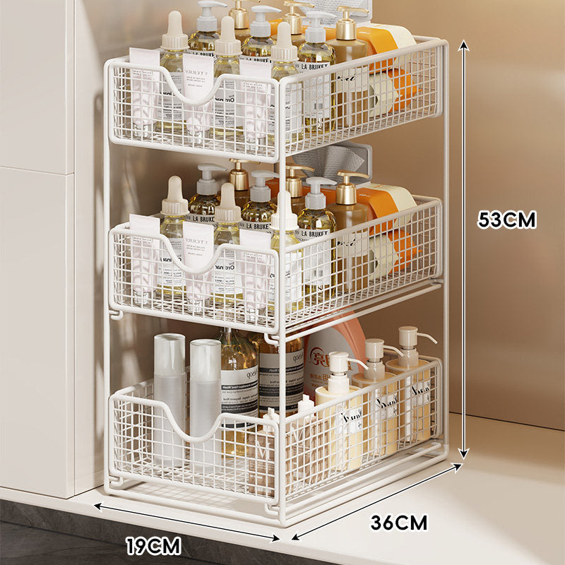 Three-Tier Sliding Mesh Drawer Cabinet Organizer for Kitchen and Bathroom