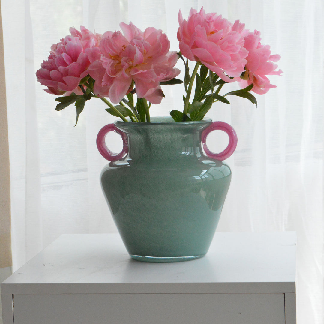 Hand-Blown Sculptural Double-Handled Glass Decorative Vase