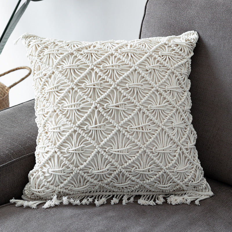 Round Macrame Decorative Pillow with Hand-Knotted Cotton Cover and Fringes