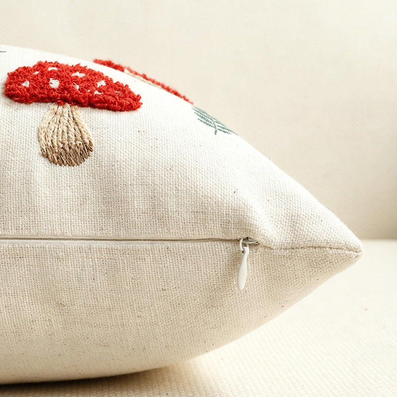 Embroidered Mushroom Linen Lumbar Throw Pillow Cover
