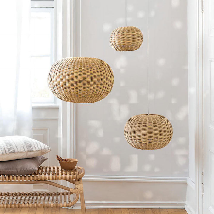 Stylish pendant lamp made from handwoven natural material