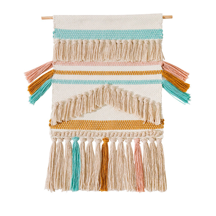 Woven Boho wall tapestry with macrame fringes and handcrafted textured relief