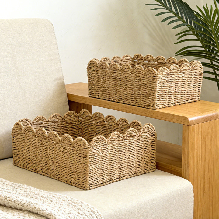 Handcrafted storage basket with playful wave edge