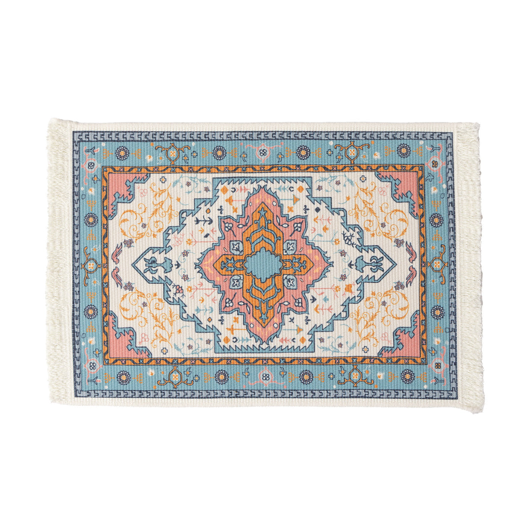 Rectangular short-pile rug in oriental medallion design with fringes