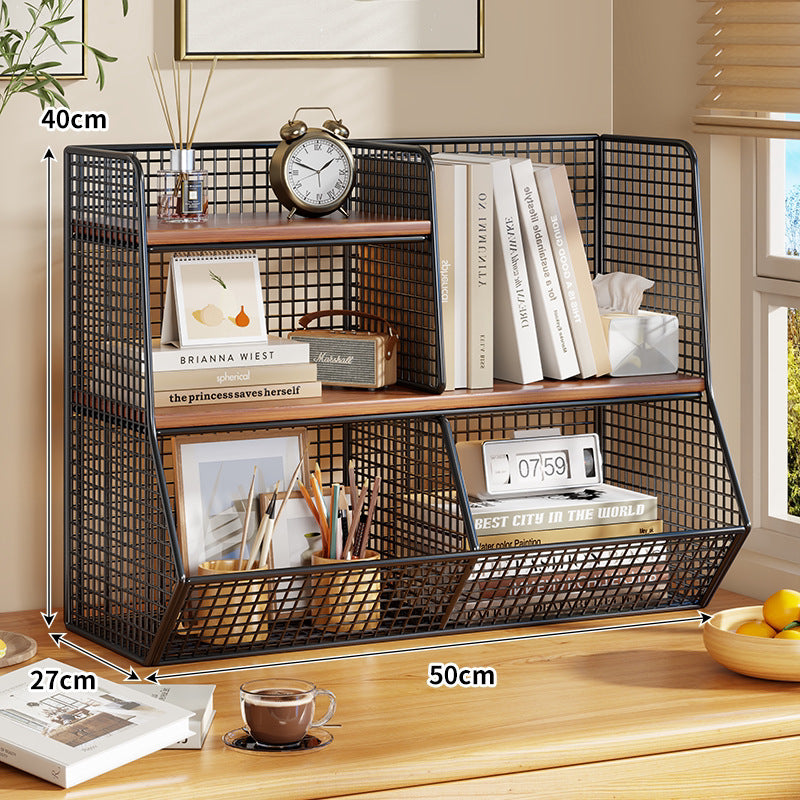 Multi-Tier Metal Mesh Desktop Organizer Shelf with Angled Front Basket