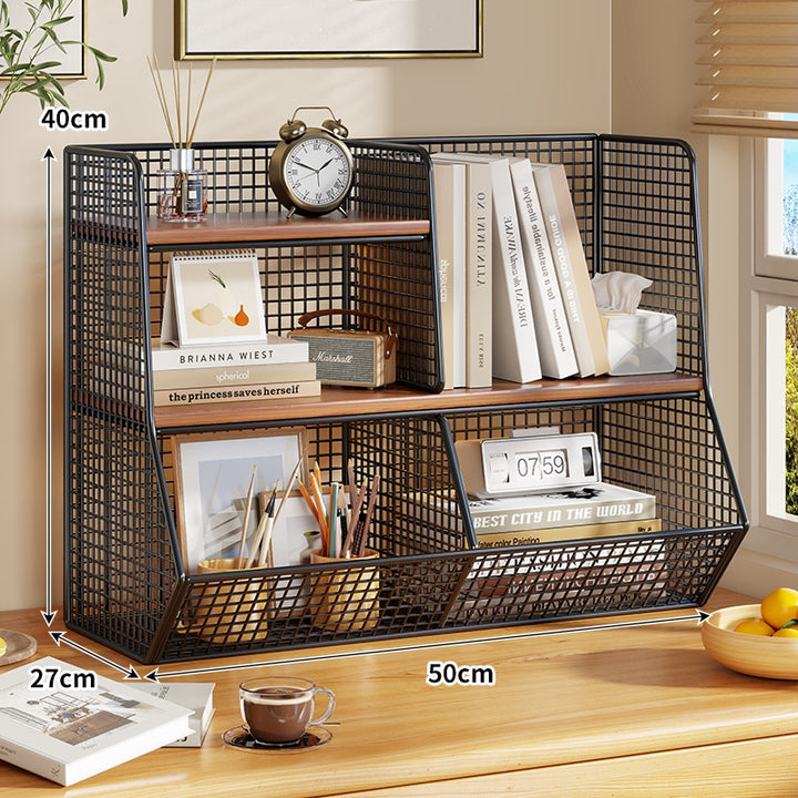 Multi-Tier Metal Mesh Desktop Organizer Shelf with Angled Front Basket