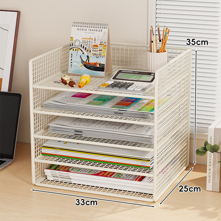 Multi-Tier Metal Mesh Desktop Document and Office Supply Organizer with Pull-Out Trays