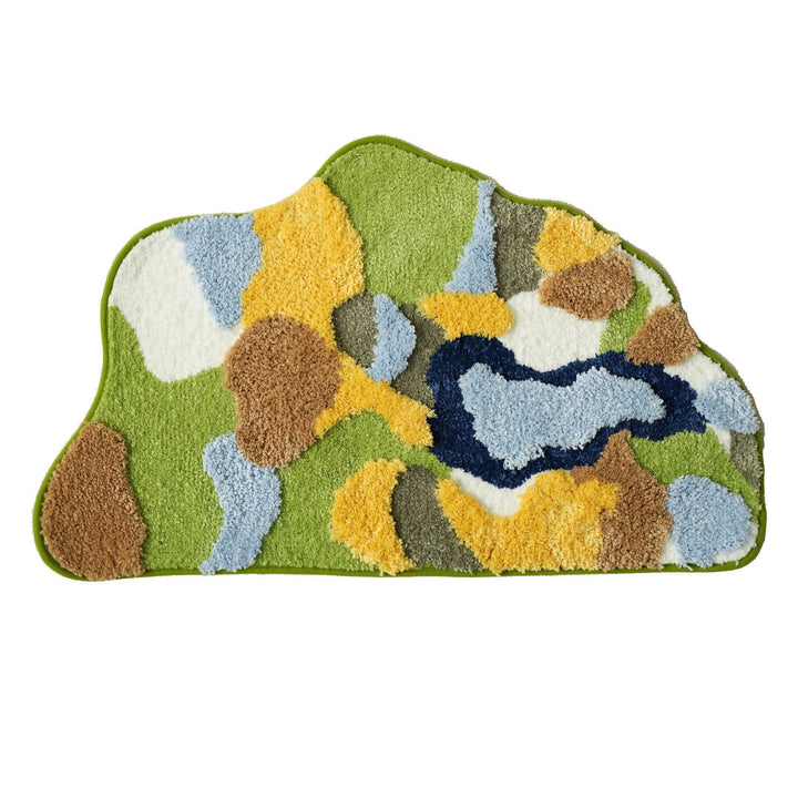 High-pile bathroom rug in organic shape with abstract textured pile