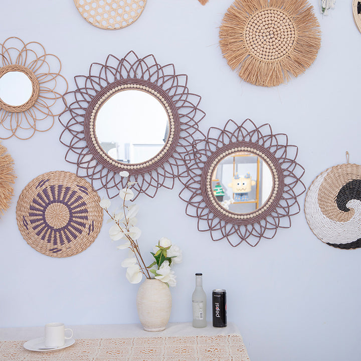 Decorative wall mirror with rattan frame