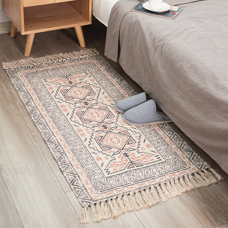 Flat-woven cotton runner in Kilim-Ethno design with fringes
