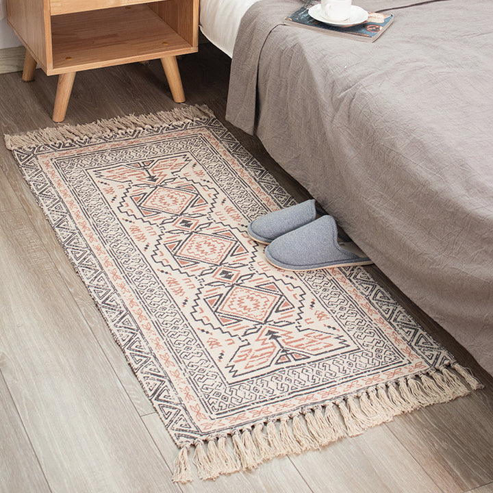 Flat-woven cotton runner in Kilim-Ethno design with fringes