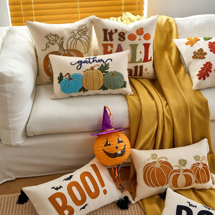 Embroidered Autumn Pumpkin Velvet Accent Pillow Cover