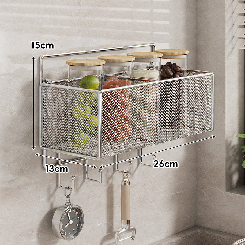 Wall-Mounted Mesh Multi-Purpose Kitchen Shelf with Hooks and Ventilated Basket