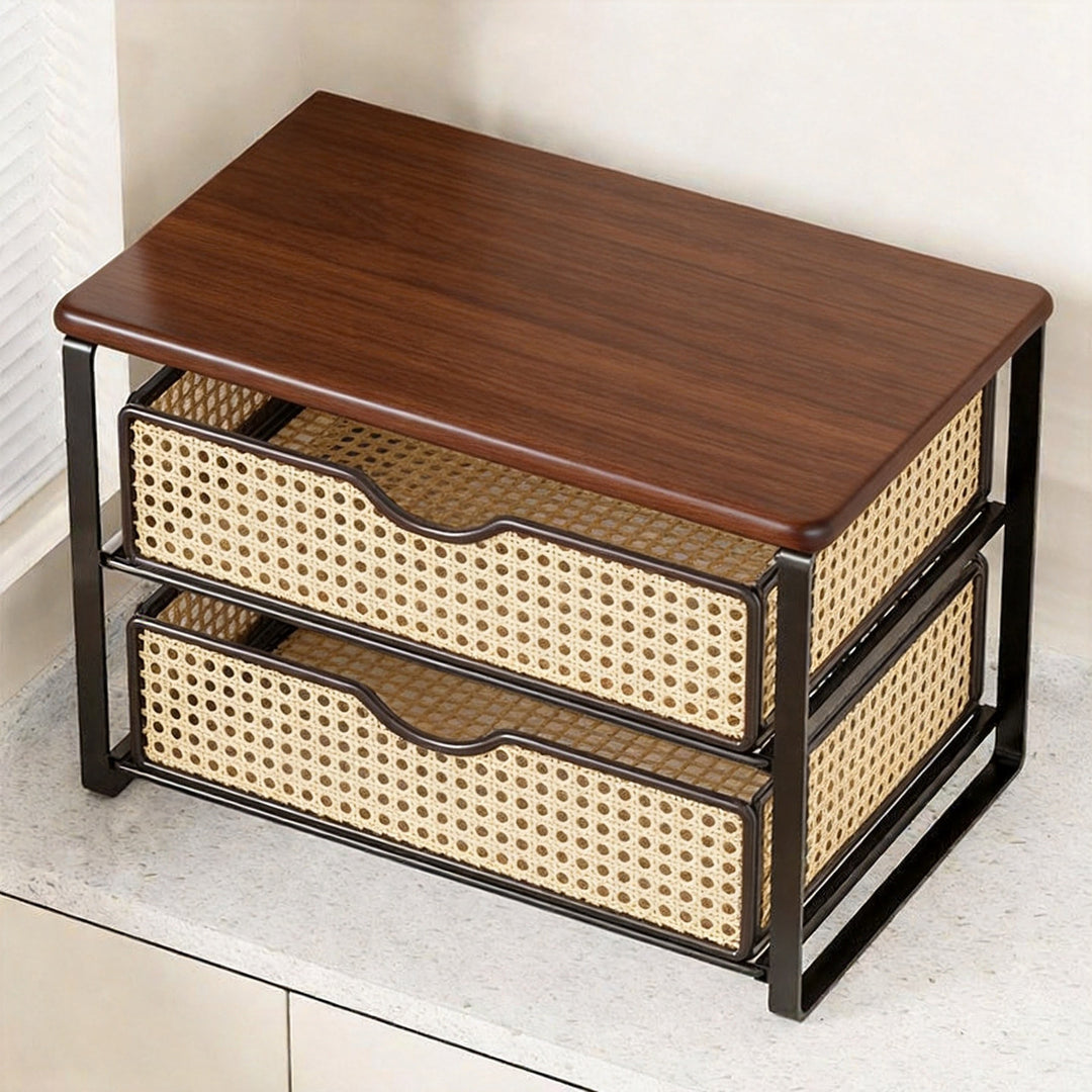 Countertop Wooden Top Metal Frame Organizer with Sliding Wire Basket