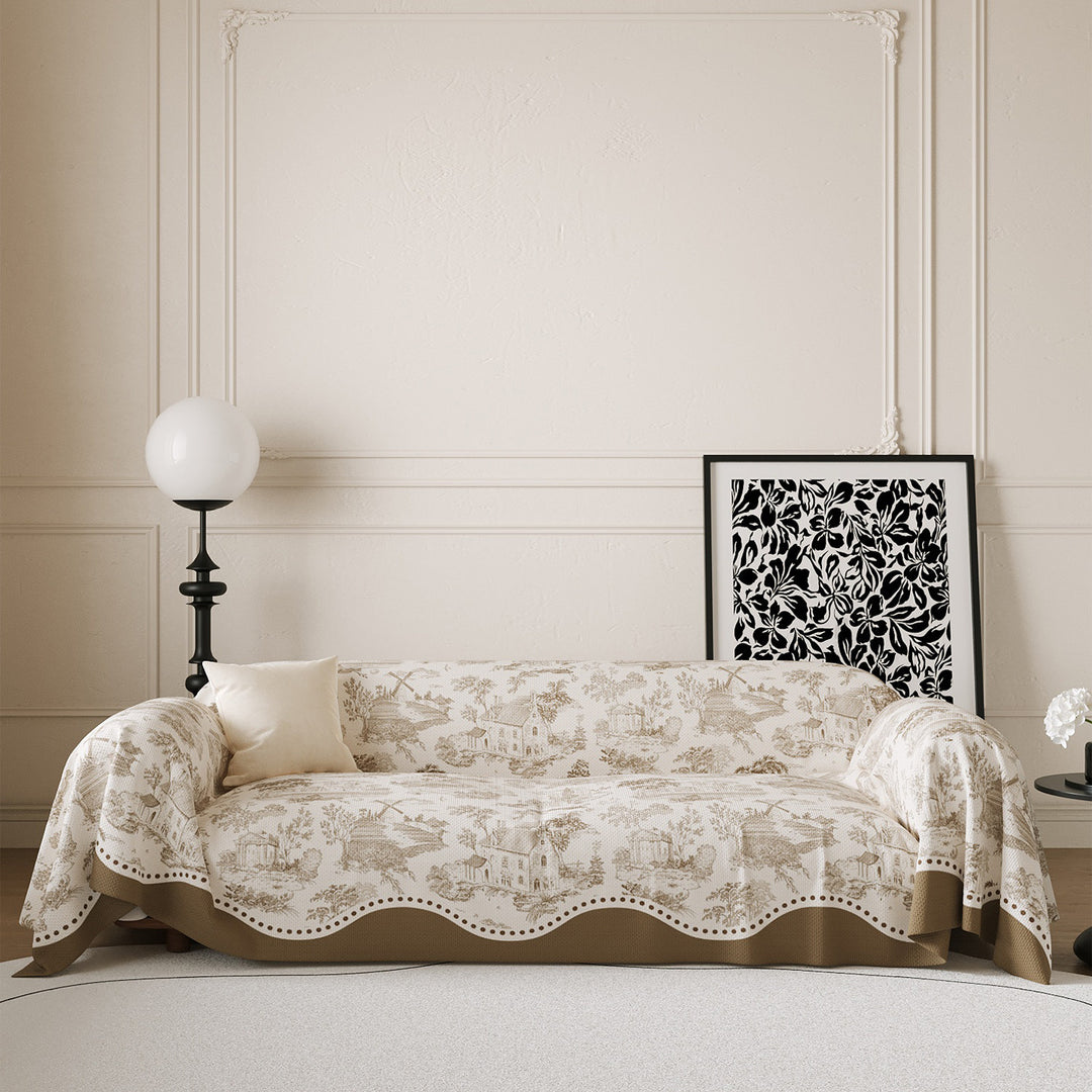 Toile-Print Scalloped-Edge Reversible Sofa Slipcover Throw