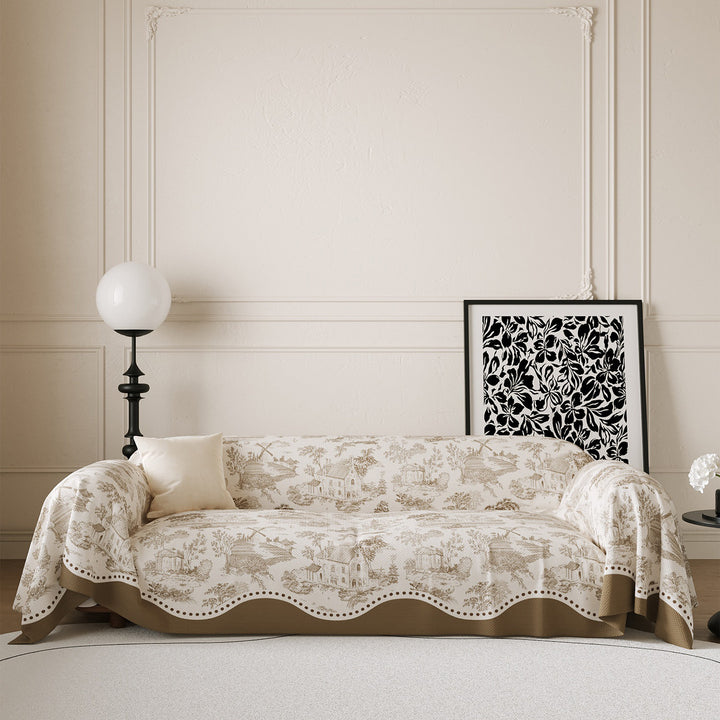 Toile-Print Scalloped-Edge Reversible Sofa Slipcover Throw