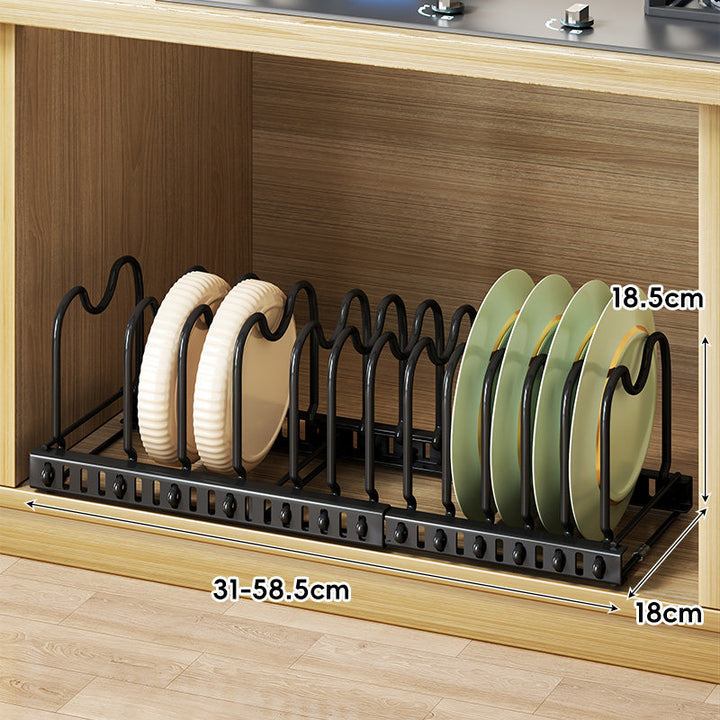 Expandable Under-Cabinet Sliding Plate and Lid Organizer Rack