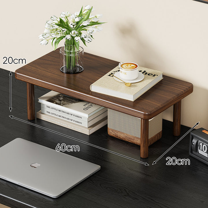 Compact Solid Wood Elevated Desk Display Stand with Under-Shelf Storage and Rounded Leg Design