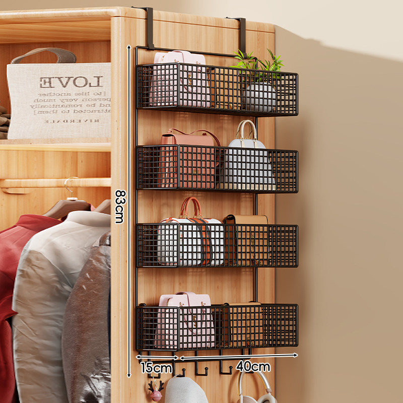 Over-Door Four-Tier Metal Mesh Hanging Storage Organizer with Integrated Hooks