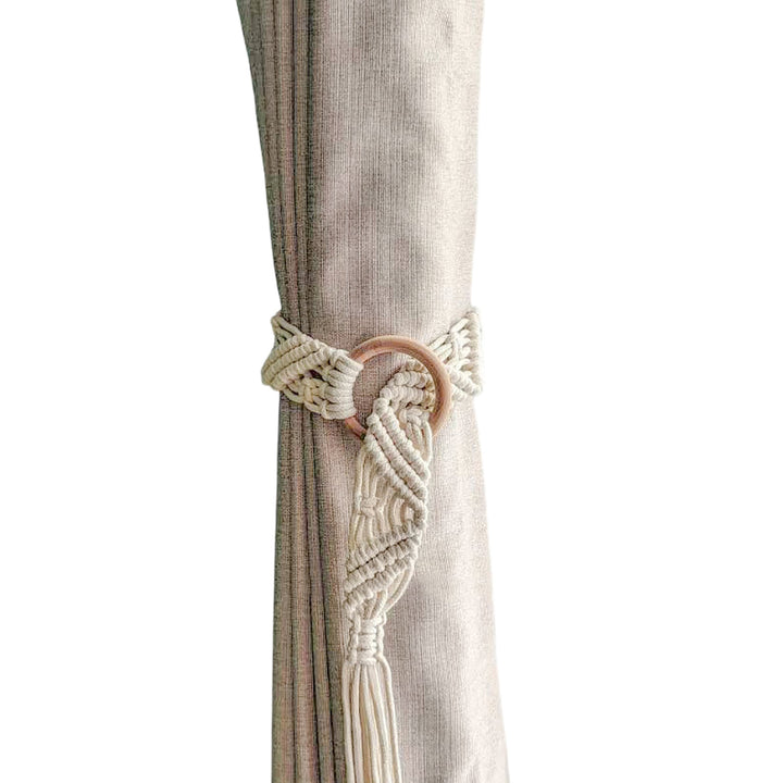 Macrame Curtain Tieback with Wooden Ring