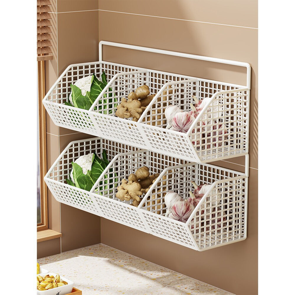 Wall-Mounted Double-Tier Grid Mesh Kitchen Storage Basket Organizer