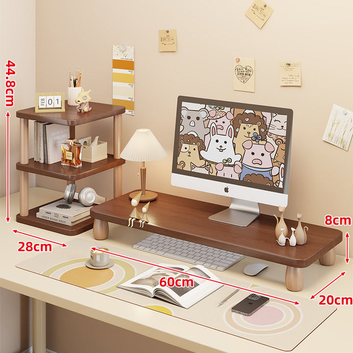 Low-Profile Ergonomic Wooden Desktop Monitor Lift with Under-Shelf Keyboard Storage