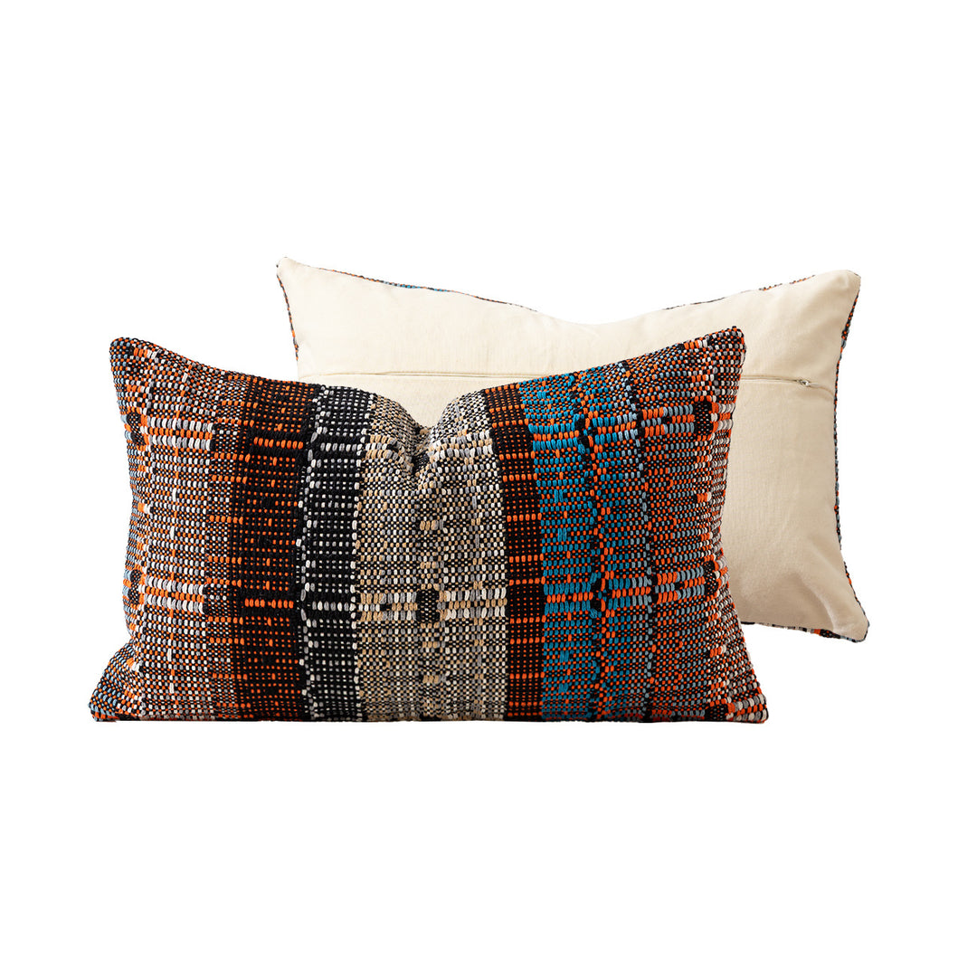 Square woven decorative pillow cover with textured block stripe weaving and concealed zipper